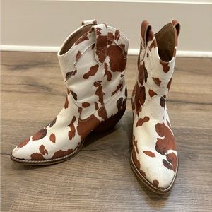 Cow print cowboy booties